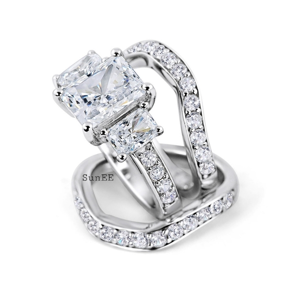 NEW WOMENS 925 STERLING SILVER RADIANT CUT WEDDING RINGS ENGAGEMENT RINGS - Picture 3 of 4